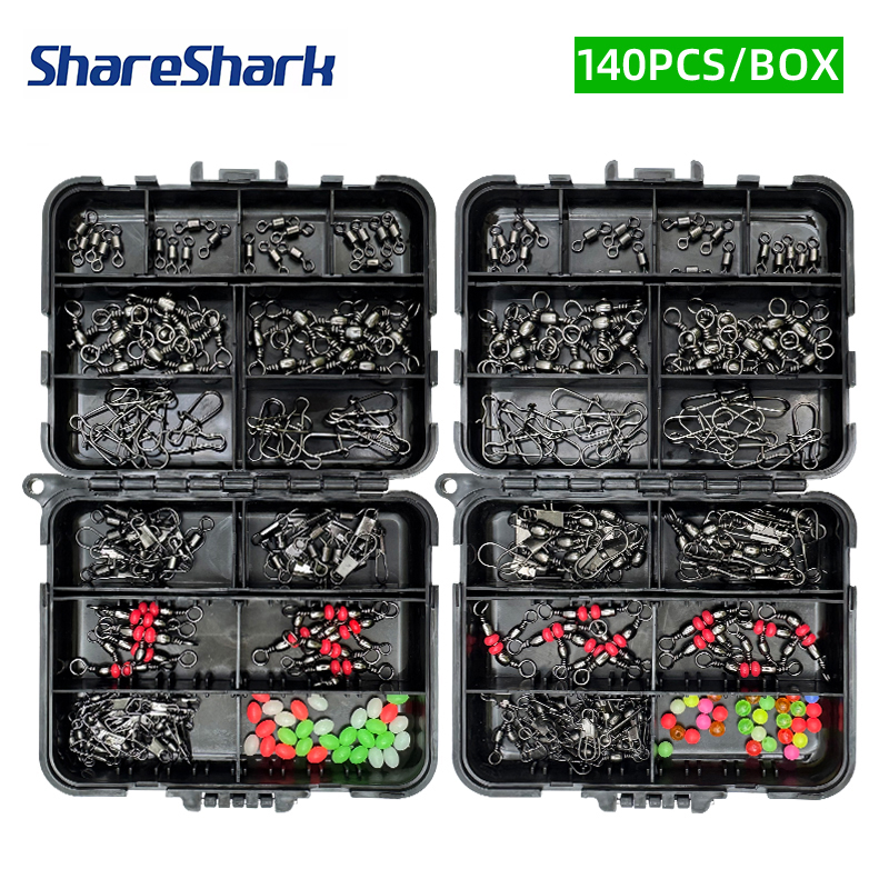 Fishing Lure Kit - ShareShark 140個釣りアクセサリーセット、ルアーフィッシングスイベルストッパービーズ（ブラックボックス付き）、釣り人向け